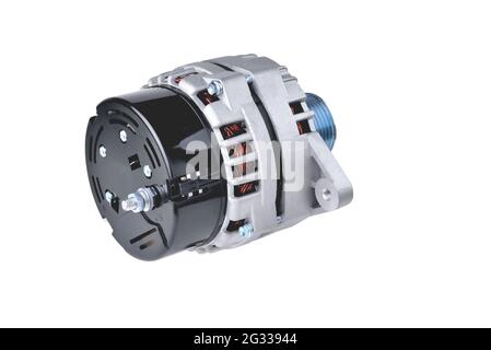 generator automobile, element of the electrical network of the car on a white background back view, close-up selective focus Stock Photo