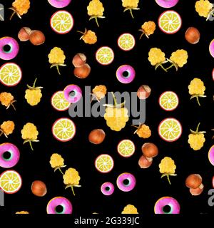 Seamless colorful pattern with lollipops, raspberries and nuts on a black background Stock Photo
