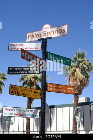 Palm Springs, California, USA 10th June 2021 A general view of atmosphere of signs on Palm Canyon Drive in Palm Springs, California, USA. Photo by Barry King/Alamy Stock Photo Stock Photo