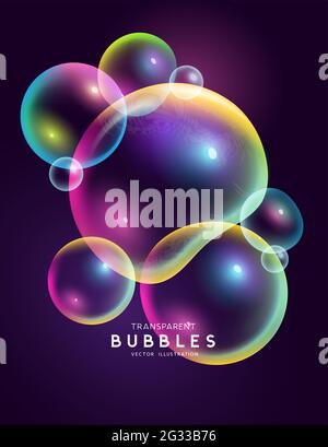 Isolated set of magical rainbow coloured floating transparent bubbles. Abstract Vector illustration. Stock Vector