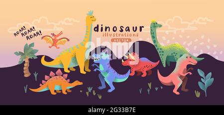 Illustrated colourful and happy dinosaur cute characters. Vector illustration. Stock Vector