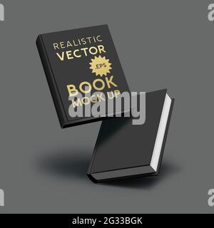 A set of blank realistic mock up black hardcover books with shadows. Branding and marketing vector illustration. Stock Vector