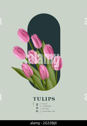 Floral realistic Tulips flowers placement card background. Contemporary layout vector illustration. Stock Vector