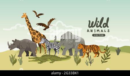 A collection of wild natural roaming animal characters. Animal story Vector illustration Stock Vector