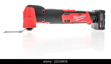 Winneconne, WI - 10 June 2021:  A package of Milwaukee Oscillating tool battery m12 on an isolated background Stock Photo