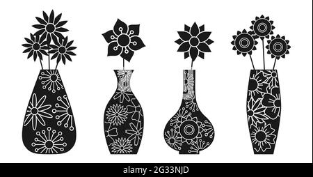 Vases and flowers unusual black silhouette set with white lines inside. Peonies, chamomiles, asters, gerberas. Narrow and wide neck vases. Design for greeting cards, banners, invitations, posters. Stock Vector