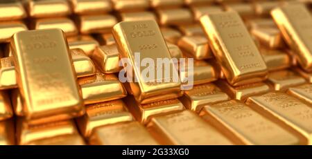 Finance, business, banking and investment gold 3d rendering background made of shiny pure gold bars and ingots. Treasure and luxury illustration for w Stock Photo