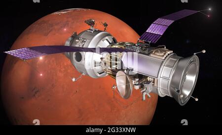 Mars Exploration Program. Spacecraft on Mars orbit. 3d rendering Stock Photo