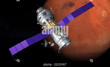 Mars Exploration Program. Spacecraft on Mars orbit. 3d rendering futuristic illustration about space Stock Photo