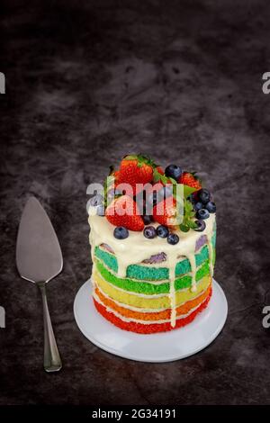 Multicolored sponge cake decorated with fresh berries. Stock Photo
