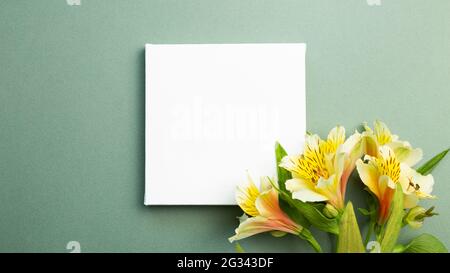 Empty white canvas with yellow flower bouquet on green background. top view, copy space Stock Photo