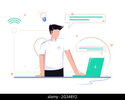 Business concept illustration. Men take part in business activities. set up business in front of the laptop. Trendy vector style. Stock Photo