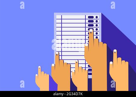 Hands casting vote in Electronic voting machine Stock Vector