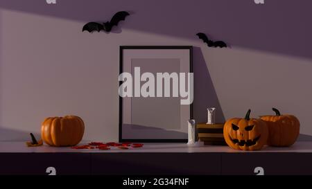 Halloween party decorations with mock-up frame and pumpkin lamps in living room, 3D rendering, 3D illustration Stock Photo