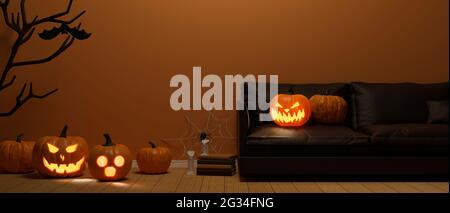 Living room decorated with pumpkin lamps and halloween concept decorations, 3D rendering, 3D illustration Stock Photo