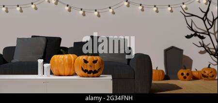 Halloween decorations decorated in living room with pumpkin lamps, halloween party, 3D rendering, 3D illustration Stock Photo
