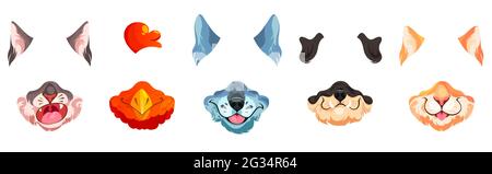 Face filter with animal masks for video chat, selfie photo and social media content. Vector cartoon set of cute nose and ears of dog, cat and rooster for mobile phone application Stock Vector