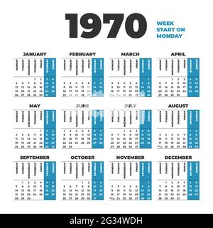 1970 year vector calendar. Weeks start on Sunday Stock Vector Image & Art -  Alamy
