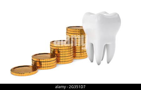 Gold coins money and tooth. Expensive dental treatment. Dental insurance. isolated on white background. 3d render. Stock Photo