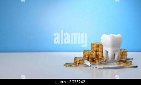 Gold coins money and a tooth with a dental mirror. Expensive dental treatment. Dental insurance. Blue background. Copy space for text. 3d render. Stock Photo