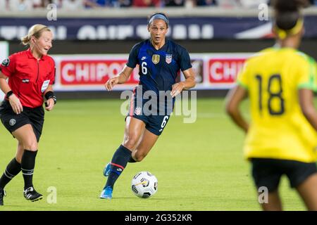 USA forward Lynn Williams 6 and Jamaica forward Shania Hayles 8