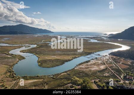 Dalyan river delta, Iztuzu beach and the surrounding mountains in Dalyan, Turkey Stock Photo