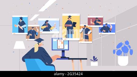 mix race graduated students in web browser windows happy graduates celebrating academic diploma degree education Stock Vector