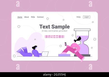businesswomen using digital gadgets business women working together near sand clock deadline overworking Stock Vector
