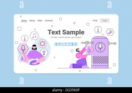 people using smartspeaker recognizes voice commands and controlling smart home system horizontal Stock Vector