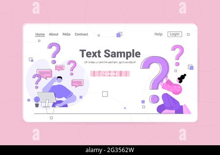 frustrated businesspeople with question marks support center frequently asked questions Stock Vector