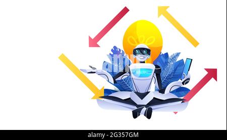 modern robot sitting lotus pose robotic character doing yoga exercise meditation relaxation artificial intelligence Stock Vector