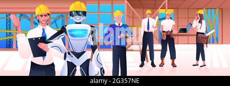 robot and workmen engineers in hardhats standing on construction site artificial intelligence technology concept Stock Vector