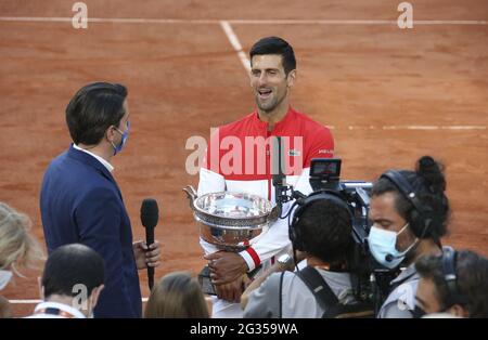 Paris, France. 13th June, 2021. Winner Novak Djokovic of Serbia answers to the media following the men's final on day 15 of Roland-Garros 2021, French Open 2021, a Grand Slam tennis tournament on June 13, 2021 at Roland-Garros stadium in Paris, France - Photo Jean Catuffe/DPPI/LiveMedia Credit: Independent Photo Agency/Alamy Live News Stock Photo