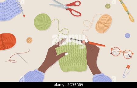 Crochet knitting process. African female hands with hook and thread. Balls of yarn. Top view of the workplace. Tailor shop elements. Hand drawn vector Stock Vector
