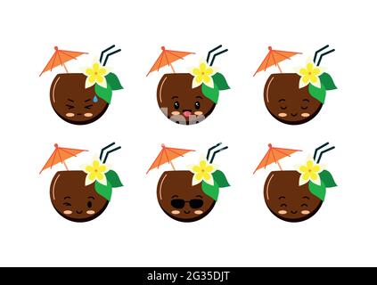 Coconut cocktail with straw, flower and umbrella emoticon set isolated on white background. Stock Vector