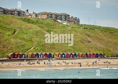 Saltburn-by-the-Sea, seaside town in Redcar and Cleveland, North Yorkshire, England.  BEACH AND HUTS Stock Photo