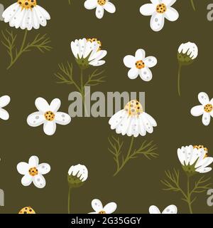 Cartoon chamomile daisy flower seamless pattern illustration. Cute decorative floral nature graphic design, blossom fabric wallpaper art. Stock Vector