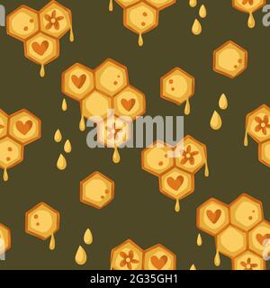 Beehive cartoon cute hexagon honeycomb seamless pattern background. Nature summer bee vector textured art with heart decoration ornaments. Stock Vector
