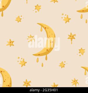 Cute kids star and moon seamless pattern background. Good night vector design illustration, sky astrology children art. Stock Vector