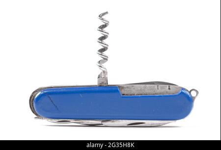 Close up of a broken multipurpose knife, isolated on white - Corkscrew Stock Photo