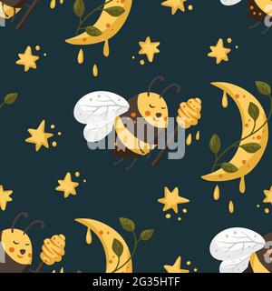 Honey cute bee insect summer seamless pattern background with