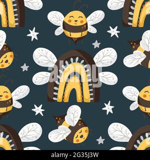 Honey cute rainbow and bee insect summer seamless pattern background. Cartoon baby fly nature design. Vector illustration sweet textile design. Stock Vector