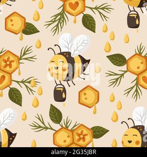 Honey cute bee insect summer seamless pattern background. Cartoon baby fly nature design. Vector illustration sweet textile design. Stock Vector