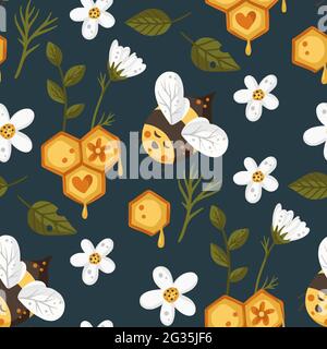 Cute bee insect summer seamless pattern background. Cartoon baby fly nature design with honey and daisy flower. Vector illustration sweet textile design. Stock Vector