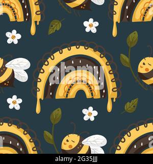 Honey cute rainbow and bee insect summer seamless pattern background. Cartoon baby fly nature design. Vector illustration sweet textile design. Stock Vector