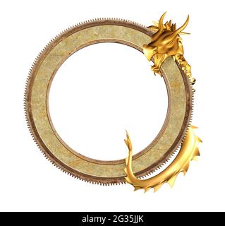 Vintage information board with oriental dragon. Golden dragon and round ancient metal frame. Object isolated on white background. Mock up template. Co Stock Photo