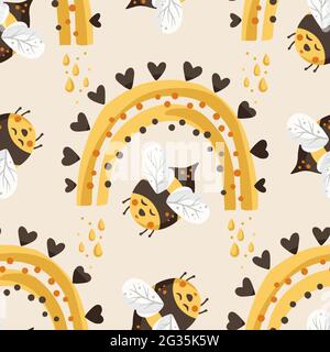 Honey rainbow cute bee insect summer seamless pattern background. Cartoon baby fly nature design. Vector illustration sweet textile design. Stock Vector