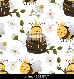 Honey cute bee insect summer seamless pattern background. Cartoon baby fly nature design with daisy flower. Vector illustration sweet textile design. Stock Vector