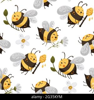 Cute bee insect summer seamless pattern background. Cartoon baby fly nature  design with honey beehiveand daisy flower. Vector illustration sweet  textile design Stock Vector Image & Art - Alamy