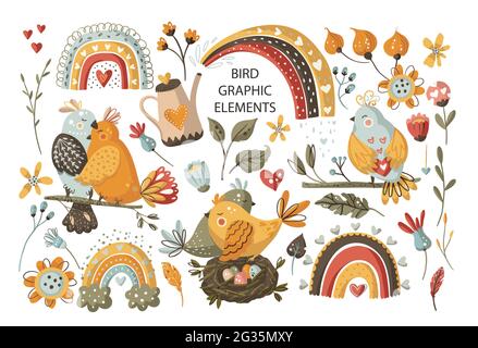 Summer bird cartoon vector set. Cute colorful animal scandinavian collection with flower, little bright birds nature wildlife clipart element. Stock Vector